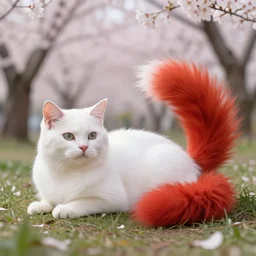 white cat with fluffy red tail like fox tail lying at sakura forest, high detailed, hyper realistic, octane engine, ray tracing