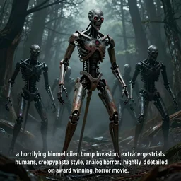 “a horrifying biomechanical tripod invasion, extraterrestrials harvesting humans, creepypasta style, analog horror, highly detailed, award winning, horror movie.”
