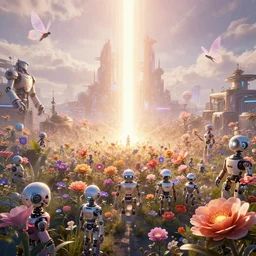 a centered render digital materverse utopia, shining its light across a tumultuous sea of digital robot flowers and fairy, cyber punk, futurism, unreal engine, high detailed, 8 k, magic hour