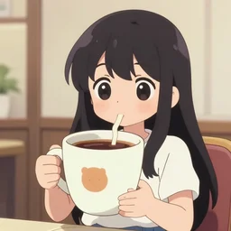 cute anime girl holding a comically large cup of coffe