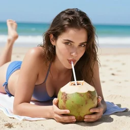 nosferatu sunbathing on the beach and drinking from a fresh coconut, colorful photograph, beautiful day, professional