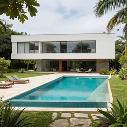 brutalist style modern house, with a large pool, surrounded by greenery, designed by Álvaro Siza Vieira