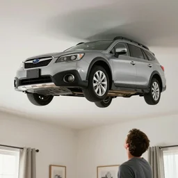 a person looking up at their bedroom ceiling to see a 2013 Subaru outback dangling above them, photorealistic, high quality, sharp focus