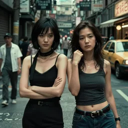Lady Award-winning Cyberpunk scene by Wong Karwai and Raphire, gritty film noir, street photography, daily deviation