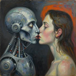 Oil painting by Roberto Matta. Strange mechanical beings kissing. Close-up portrait by Lisa Yuskavage. Paul Klee.