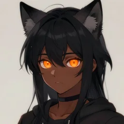 anime tomboy with dark skin, black hair, wolf ears and glowing orange eyes