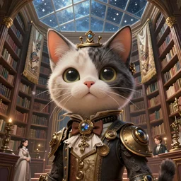 cute steampunk aristocat with a polygonal library walls and glass ceilings showing the stars and hanging silk drapery and tapestries, light dust, magnificent, close up, details, sharp focus, elegant, highly detailed, illustration, by Jordan Grimmer and greg rutkowski and PiNe(パイネ) and 薯子Imoko and 香川悠作 and wlop and maya takamura, intricate, beautiful, Trending artstation, pixiv, digital Art