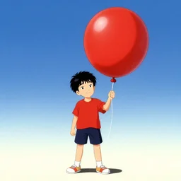 a full body shot of a boy standing and smiling holding a large red balloon in a ukiyo style