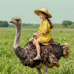 10 yo girl riding ostrich in green fields, straw hat, yellow tunic, intricate, highly detailed, artstation, sharp focus, illustration, jurgens, aleksi briclot, rutkowski, bouguereau, mucha