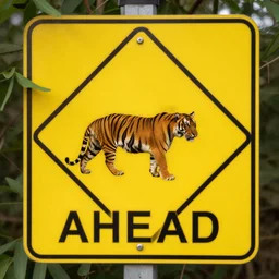 a warning sign for tigers ahead, photo