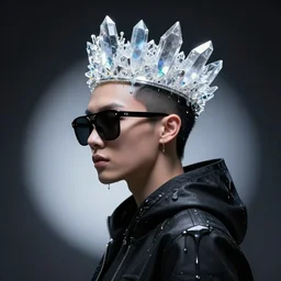an aesthetic cyberpunk hacker wearing sunglasses and a crystalline crown, side portrait, striking, defiant, spotlight, paint drips, paint splatter, vibrant colors, beautiful eyes, futuristic clothing, by marco paludet and gianni strino and marion bolognesi