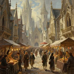 a busy fantasy street market from within a beautiful and ornate city, by Sylvain Sarrailh, by Sebastian Luca, by Nicodemus Yang-Mattisson,   cinematic, great composition, beautiful digital painting, oil painting, dungeons and dragons, lord of the rings
