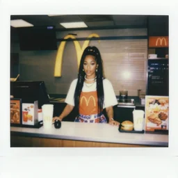 doja cat working the front counter of mcdonald's ready to take your order, eighties polaroid, flash photography, photorealistic, kodachrome
