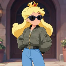 Princess Daisy wearing sunglasses, a bomber jacket and jeans, art by Greg Hildebrandt