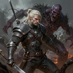 geralt the rivia after a fight with a ghoul lot of wear on armor, corpse of the ghoul behind the witcher, highly detailed, digital painting, trending artstation, concept art, illustration, cinematic lighting, vibrant colors, photorealism, epic, octane render.