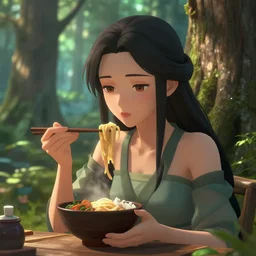 a detailled portrait of a 👩 eating 🍜 in a forest, next to a 🌲 | by wlopi | trending on artstation | volumetric light, raytracing, anime, fantasy