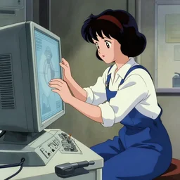 a film still of a 1 9 5 0's mechanic anime girl working on a giant bio computer, finely detailed features, full body mid shot, perfect art, in the science laboratory, trending on pixiv fanbox, painted by gaston bussiere, makoto shinkai, akihiko yoshida, gaston bussiere, craig mullins, studio ghibli