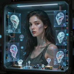 beauty woman in holograms of alien artifacts, electrical case display, total recall tech, , ultrarealistic, dramatic lighting, electrical details, high details, 4k, 8k, best, accurate, trending on artstation, artstation, photorealism, ultrarealistic, digital painting, style of Tristan Eaton Stanley Artgerm and Tom Bagshaw, Caravaggio, Boris Vallejo