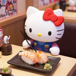 hello kitty and gundam - rx eating sushi in a tron sushi restaurant, shot from above, hyperrealistic