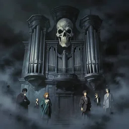 ghostly tall skeletal pipe organ wreathed in dark smoke, menacing scenic full shot, ambient lighting, detailed face, by makoto shinkai, rembrandt, stanley artgerm lau, wlop, rossdraws