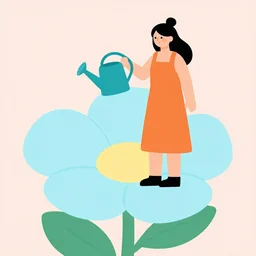 a woman holding a watering can on top of a light blue flower, flat design, flat colors, illustration