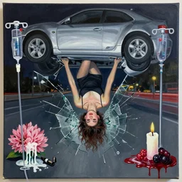 “ a portrait of a young woman, car crash in a silver car, night, a streetscape, broken glass, sensual, upside down, anaesthetic, art supplies, surgical iv drip, ikebana, a candle dripping white wax, berry juice drips, acrylic and spray paint and oilstick on canvas, surrealism, neoexpressionism ”