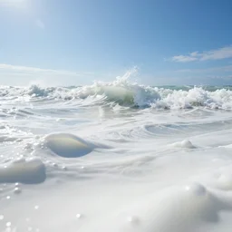 low angle extreme close up a vast ocean full of white vitamin d milk against a nice blue sky. an ocean of gentle waves made of white milk. digital art, octane 3 d, ue 5, 4 k, award winning, dramatic lighting, subsurface scatter, dynamic contrast, hdr.