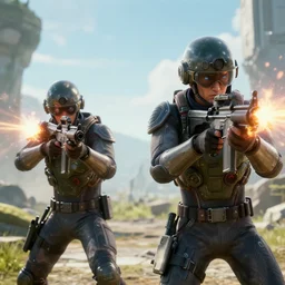 two futuristic japanese soldiers firing away from the camera, eye catching composition, realistic, arachnophobia, unreal engine 5, global illumination, detailed environment, bright colours, cinematic, atmosphere, 4 k