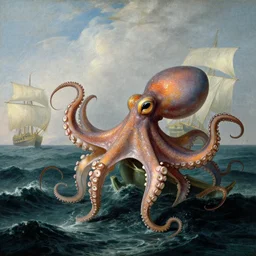 giant rainbow - colored scaled octopus attacking a sailing fregate on a stormy ocean, by jmw turner