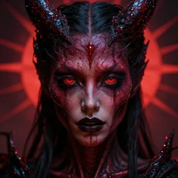 face closeup of the horrifying succubus monster, terrifying and beautiful, dark fantasy, red sun rays, high quality render, intricate detail, symmetrical face, gorgeous eyes, short dof, f / 2. 4 5 0 mm lens 4 k,
