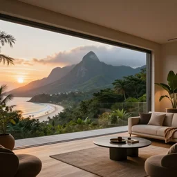 big window, mountains in background, cloud forest in background, tropical beach in background, late afternoon sunset, dramatic lighting, holiday vibes, living room, furniture, IKEA catalogue, futuristic, ultra realistic, ultra detailed, cinematic light, anamorphic, wooden floored balcony, by Paul Lehr