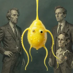 human amoeba by greg rutkowski and brom and norman rockwell and gil elvgren, opaque yellow liquid, tendrils, ooze