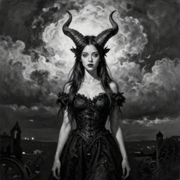 By Tom Bagshaw, ultra realist soft painting of curiosities festival by night, very beautiful horn female in long gothic dress thin dark lustrous hair, symmetry accurate features, very intricate details, omnious sky, black and white, volumetric light clouds