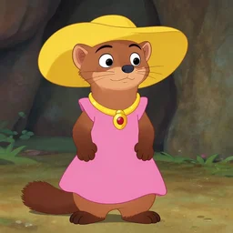 female marten character : wearing jewelry : wearing a pink dress : wearing yellow hat : head torso legs feet : lorax movie : deviantart : cel shading