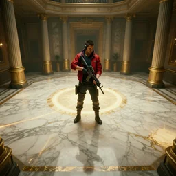 Bank interior elegant bank fancy white marble flooring emissive gold glowing, dimly lit volumetric. man wearing red jacket. holding rifle tactical. Cyberpunk 2077 man wearing red jacket. blade runner 2049 (2019) movie still 35mm wide angle lens