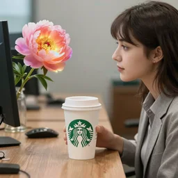 a office lady drink coffee and stare a peony that glowing seven kinds of colors light at starbucks