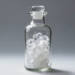 there is a glass bottle, it is filled with crystals