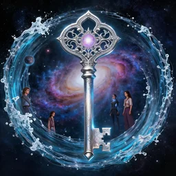 a galaxy key, water wave, ornate and intricate, glowing nether portal, by wenjun lin and artem chebokha and alena aenami and ian llanas, 4 k