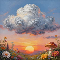 a beautiful painting of every cloud has a silver lining, paradise, sunset, made from flowers and fungi, highly detailed, 8 k resolution, trending on artstation