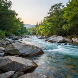 a beautiful landscape, river, rocks, trees, polygonal