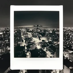 old polaroid, black and white, sci - fi bangkok cityscape. wide angle night photo. helicopter view. exaggerated detail. volumetric lighting, by masamune shirow. 4 k