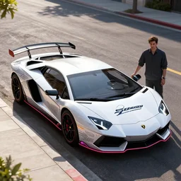 Speed Racer’s Lamborghini Super Car with Speed racer decals and line design, neon edges on bottom of body, parked on the side of the street with Speed Racer standing next to the car, hyper realistic, photo realistic, intricate details, Rhino rendered, glossy paint, sunny, dynamic lighting, 3Ds Max rendered, 8k