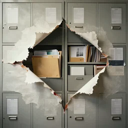 ripped paper, folders and documents, file cabinets, beksinski, dariusz zawadzki, very coherent symmetrical artwork. cinematic, hyper realism, high detail, octane render, 8 k