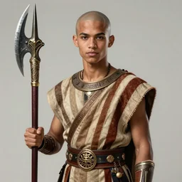 portrait bald young jaden smith as ancient libu warrior, striped cloth, holding khopesh, intricate, elegant, highly detailed, digital painting, artstation, concept art, smooth, sharp focus, illustration, rutkowski