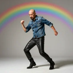 japanese man with bald head and beard wearing short denim and leather clothes dancing next to a rainbow, full body portrait, dynamic lighting