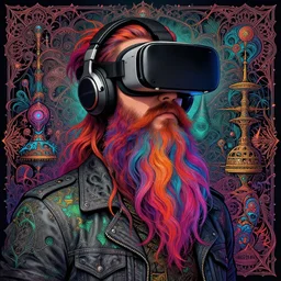 detailed hipster skinny man with big headset virtual reality, long vibrant colored beard, dmt, by james gurney + intricate and vibrant work + portrait + trending on artstation + incredible gothic illustration + exquisite detail