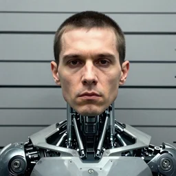 grainy photo of an ugly man, wearing bionic implants, cyborg, cyborg, cyborg, criminal, mugshot background