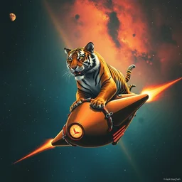 a tiger riding a spaceship, through the universe, by jack gaughan, dramatic lighting, smooth!!, sharp focus, extremely detailed!!, aesthetically pleasing composition