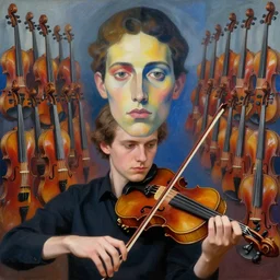 portrait of a young violinist focusing by vincent lefevre and hernan bas and pat steir and hilma af klint, psychological, symmetrical face, background with hundreds of violins by lee madgwick and andreas gursky, rendered in octane, altermodern, masterpiece