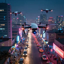 3 d vfx art of flying drones above - a neon lit - bustling lagos urban street - in nigeria, cinestill 8 0 0 t photograph, illustration in the style by philippe bouchet & mike winkelmann, unreal engine render, digital illustration, sharp, intricate detail, volumetric light, ray tracing, soft light, colourful, surreal,